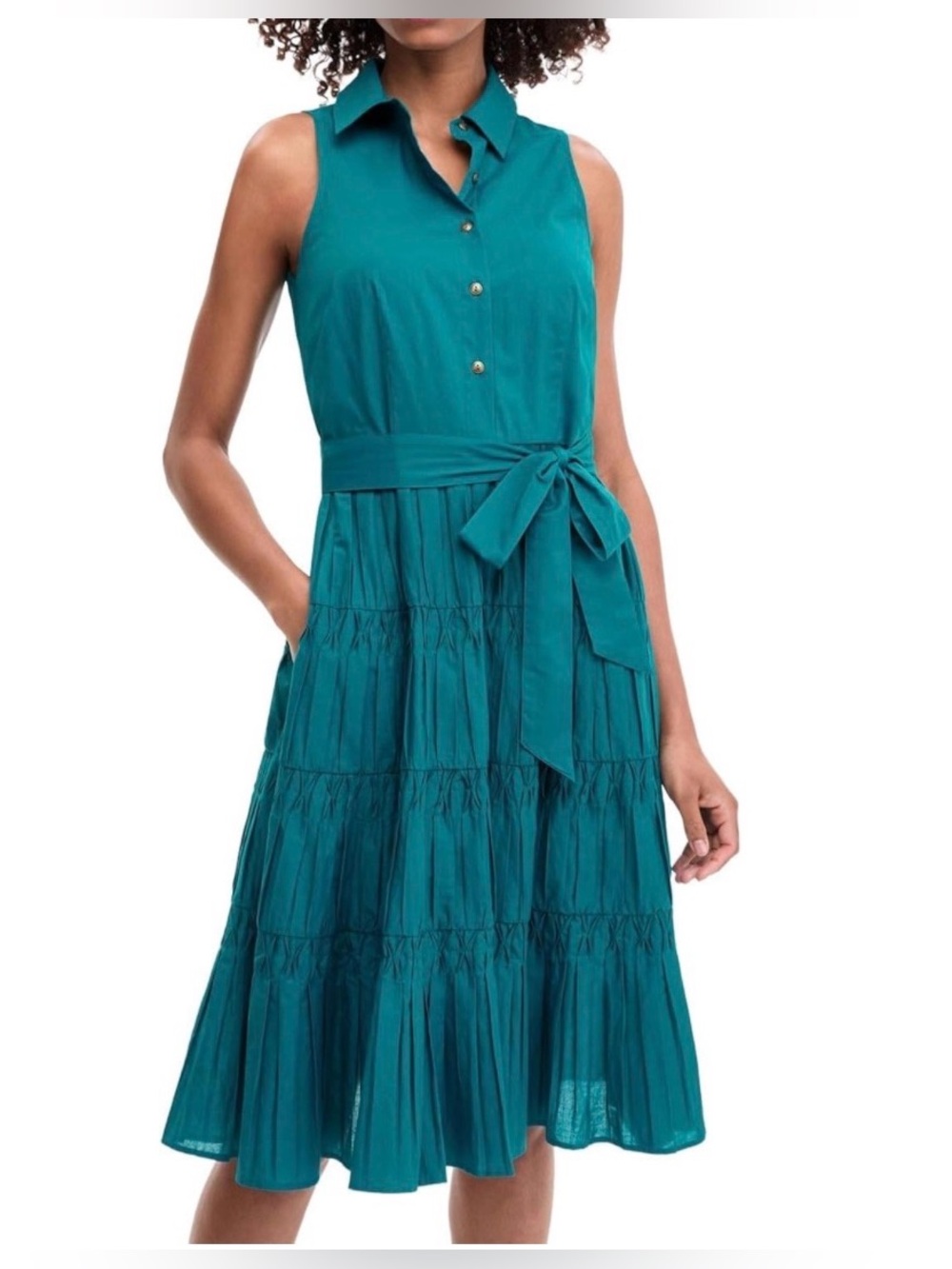Anne Klein Sleeveless Tie-Waist Diamond Detail Shirt Dress